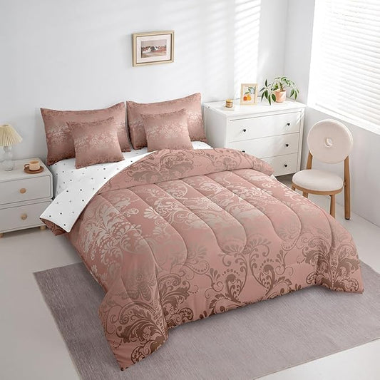 Erosebridal Gothic Damask Bed in a Bag King Size Comforter Set 7 Pieces,Exotic Moth Bedding Sets Light Pink Victorian Floral Goth Sheet Set with Comforter