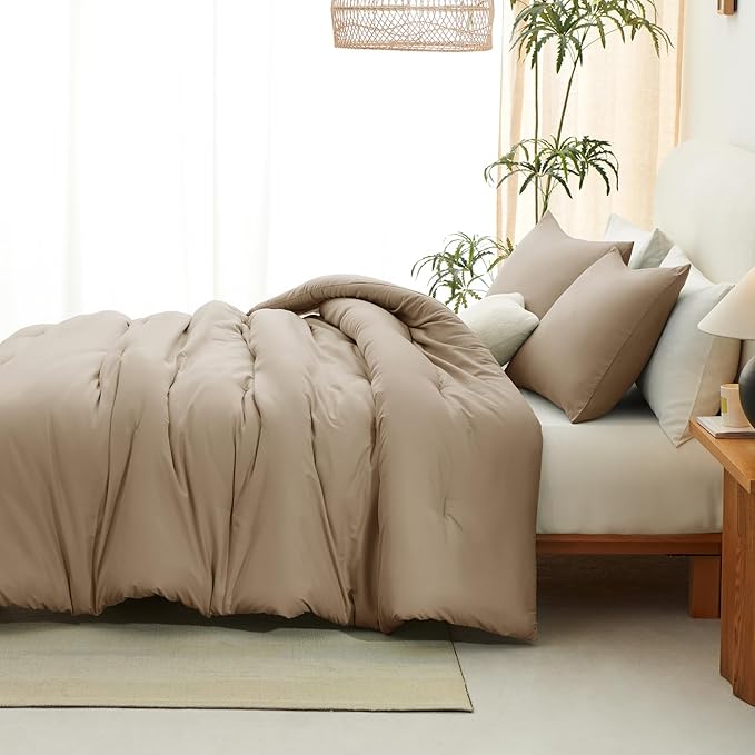CozyLux Full Size Comforter Set Taupe, 3 Pieces Solid Breathable Quilted Bedding Sets, Luxury Lightweight Soft Bed Set with Down Alternative Comforter and 2 Pillowcases for All Seasons