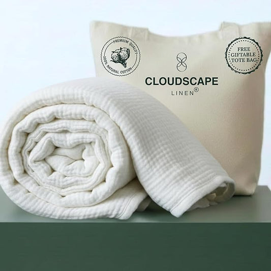 CLOUDSCAPE 100% Cotton Muslin Blanket Twin Size, 4 Layer Oversized 68x92 Fits Twin XL Bed, Soft Breathable, Lightweight, Summer Blanket for Adults, Perfect Spring Gift for All Season - White