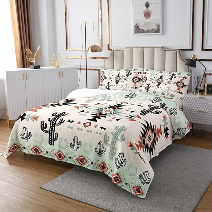 Geometric Aztec Kid Bedspread Queen Size,Horseshoe Cactus Western Cowboy Coverlet Set,Boys Girls Room Decor,Southwest Rustic Lodge Quilted Coverlet,Farmhouse Vintage Bedding Quilt,2 Pillowcases