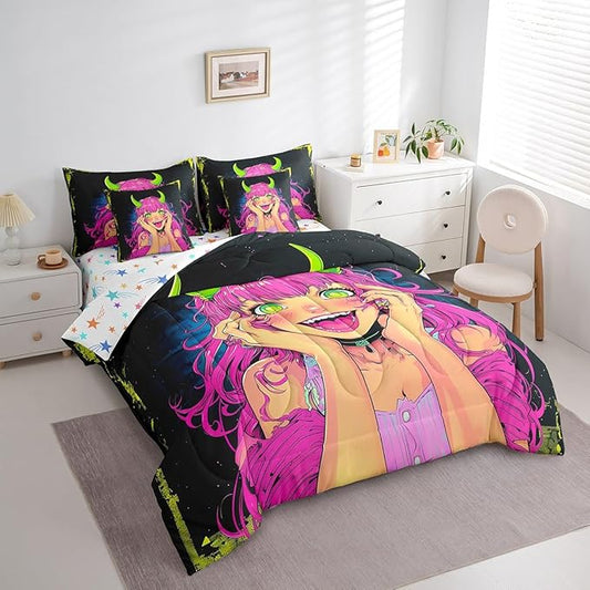 Erosebridal Anime Girl Bedding Set Queen Size 7 Piece Bed in A Bag, Japanese Anime Comforter Set for Kids Boys Teens Bedroom Decor, Cartoon Girl Sheet Set Kawaii Japanese Animation Bed Set