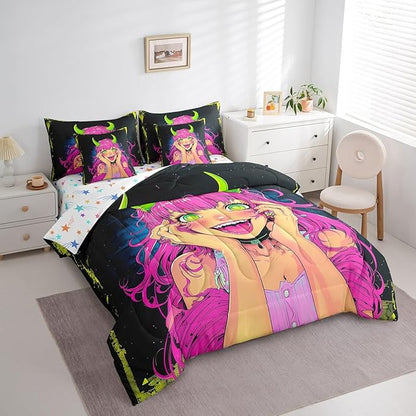 Erosebridal Anime Girl Bedding Set King Size 7 Piece Bed in A Bag, Japanese Anime Comforter Set for Kids Boys Teens Bedroom Decor, Cartoon Girl Sheet Set Kawaii Japanese Animation Bed Set