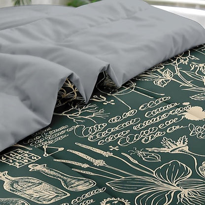 Comforter Set Queen Size, Retro Herbs 7 Pcs Bedding for Kids and Adults, Flower Vintage Leaf Bed Sheet Sets with Fitted Sheet 2 Pillowcases & 2 Shams for Bedroom Bed Decor