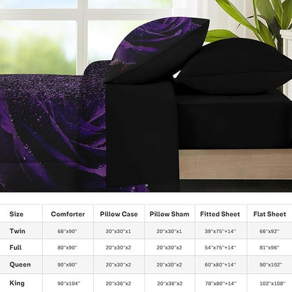 Nesker Comforter Set Queen Size, Purple Rose 7 Pcs Bedding for Kids and Adults, Fantasy Dream Flower Bed Sheet Sets with Fitted Sheet 2 Pillowcases & 2 Shams