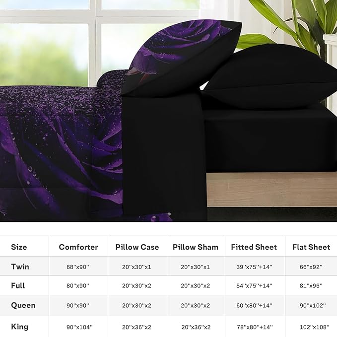 Nesker Comforter Set Full Size, Purple Rose 7 Pcs Bedding for Kids and Adults, Fantasy Dream Flower Bed Sheet Sets with Fitted Sheet 2 Pillowcases & 2 Shams