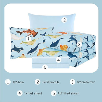 Twin Comforter Set for Boys Kids - 5 Pieces Glow in The Dark Ocean Animals Twin Bedding Sets for Kids, Ultra Soft Bed in A Bag with Sheets