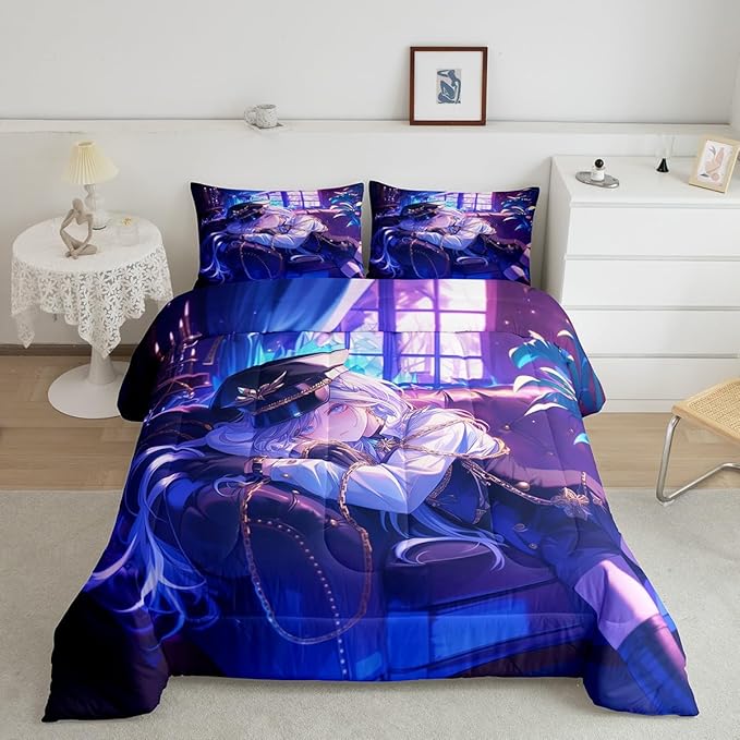 Erosebridal Anime Girl Comforter Set Full Size Japanese Anime Bedding Set for Kids Boys Teens Women Bedroom Decor, Cartoon Girl Down Comforter Japanese Animation Kawaii Quilt, Purple