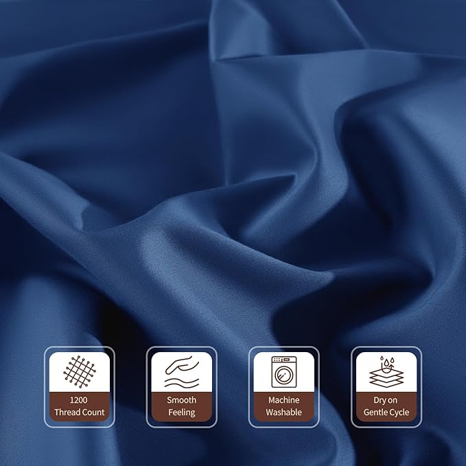100% Egyptian Cotton Sheets 1200 Thread Count King Size Bedding Sets 4 Pcs, Fitted Sheet Up to 16" Deep Breathable All Seasons (King, Navy Blue)