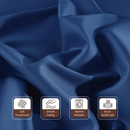 100% Egyptian Cotton Sheets 1200 Thread Count King Size Bedding Sets 4 Pcs, Fitted Sheet Up to 16" Deep Breathable All Seasons (King, Navy Blue)