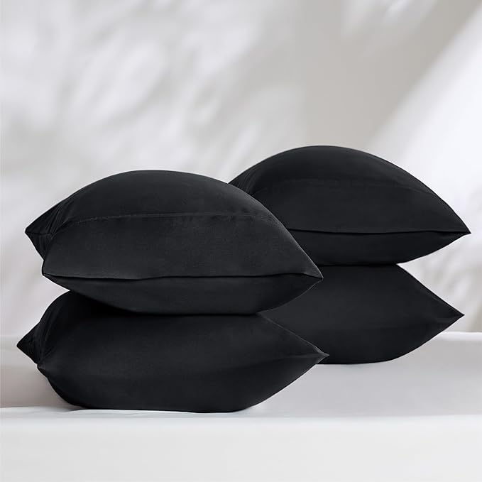 Bedsure Queen Pillow Cases Set of 4 - Black Brushed Microfiber Pillowcases 4 Pack, Super Soft Pillowcase, Pillow Case Covers with Envelope Closure for Kids, Wrinkle, Fade Resistant, 20x30 Inches