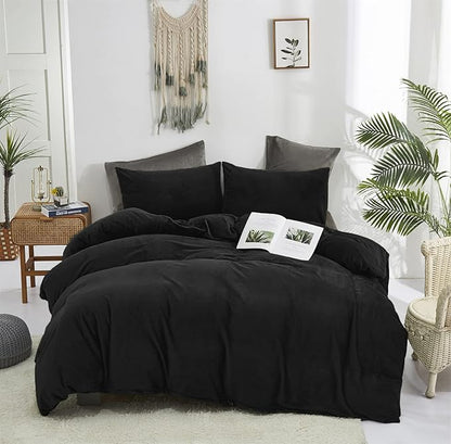 CLOTHKNOW Black California King Comforter Set Velvet Bedding Comforter Sets Soft Flannel Comforters Black Comforter with 2 x Pillow Cases