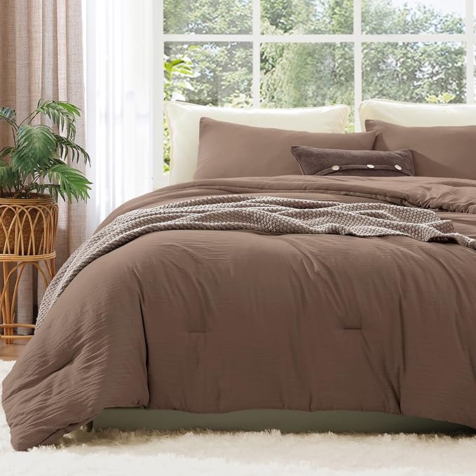 WRENSONGE Full Size Comforter Sets - 3 Pieces Brown Comforter Prewashed Soft Lightweight for All Seasons, Fluffy Down Alternative Comforter Full Size with 2 Pillow Shams