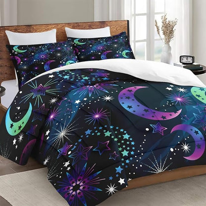 Full Size Comforter Set with 2 Pillowcases, Moon Neon Galaxy Kids Rainbow Soft 3 Pcs Bedding for Kids and Adults Bedroom Bed Decor