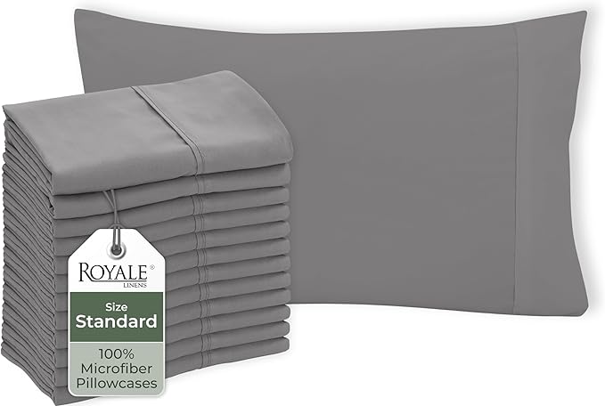 Royale Linens Grey Pillowcase Set Of 12 - Standard 20"x26" Bed Pillow Cover - 1800 Brushed Microfiber - Wrinkle & Fade Resistant - Bulk Pillow Case - Hotel Quality Pillow Case 12 Pack (Standard, Grey)