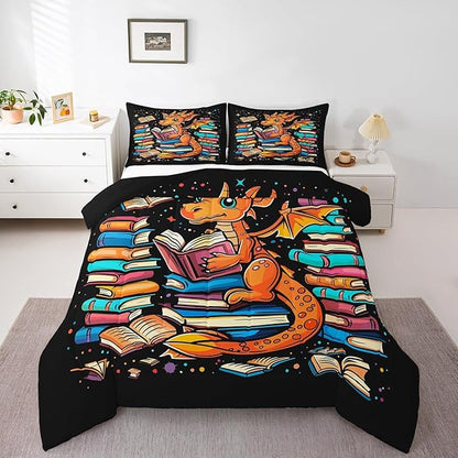 Western Dragon Comforter Set King Size,Glitter Star Polka Dot Bedding Set for Kids Boys Girls Room Decor,Magic Book Cartoon Animal Pattern Duvet Insert 3Pcs,Wildlife Black Quilt Set,2 Pillowcases