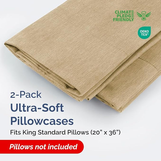 King Standard Pillow Cases Set of 2 - Ultra-Soft Hotel Quality Pillowcase Covers - Comfy, Cozy & Fade Free - Wrinkle Resistant - Machine Washable Pillow Protectors - 2 Piece Set - Heathered Tan