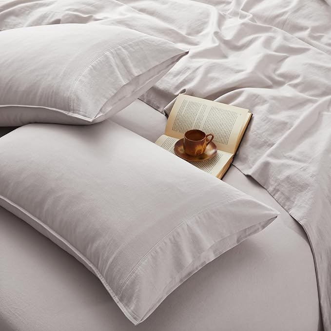 3Pcs Organic Linen Sheets Twin Size, 100% French Linen from Normandy, Breathable Natural Linen Twin Sheet Set with 16 Inch Deep Pocket, 1 Flat Sheet, 1 Fitted Sheet, 1 Pillowcases