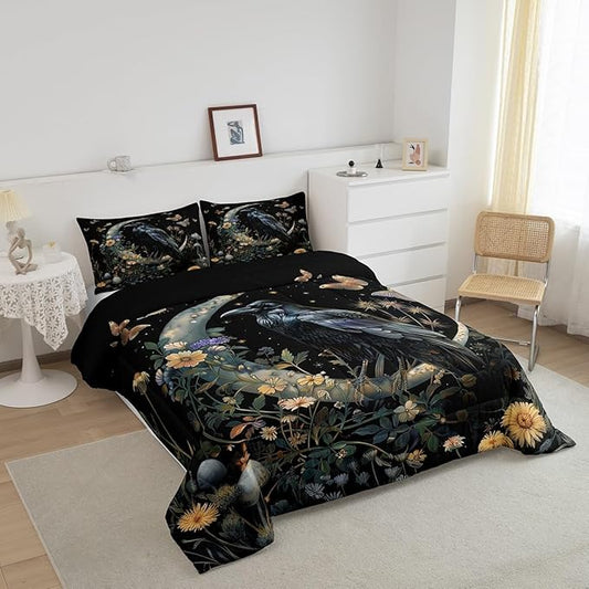 Black Crow Comforter Set Queen Size,Moon Daisy Flower and Butterfly Bedding Set,Kids Girls Boys Teens Room Decor,Halloween Theme Animals Plants Quilt Set Boho Trippy Duvet Insert,2 Pillowcases…