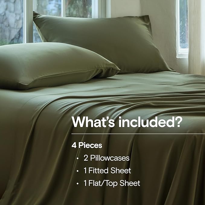 DOZ Sheet Set, 100% Viscose derived from Bamboo, Organically Grown, Buttery Soft, Cooling Sheets, High GSM, Deep Pockets - 4 Piece - 2 Pillowcases 1 Fitted 1 Top Sheet (Olive, Queen)