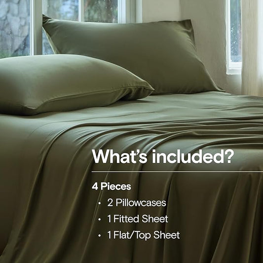 DOZ Sheet Set, 100% Viscose derived from Bamboo, Organically Grown, Buttery Soft, Cooling Sheets, High GSM, Deep Pockets - 4 Piece - 2 Pillowcases 1 Fitted 1 Top Sheet (Olive, Full)