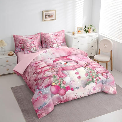 Castle Fairy Kawaii Snowman 7 Pieces Comforter Sets Full,Dreamy Pink Christmas Trees Bedding Set for Kids Girls Bedroom Decor,Cute Winter Snowflake Bed in a Bag with Comforter,Sheets and Pillow Cases