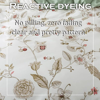 FADFAY Floral Bedding Set Queen 100% Cotton Shabby and Chic Beige Green Reversible Duvet Cover Vintage Pink Flower Print Bed Covers Luxury Girls Pretty Bowknot Soft Crisp Zipper Comforter Cover 3Pcs