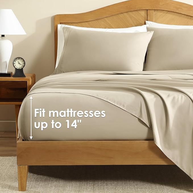 ClevaHome Sheet Set King Size, 4-Piece Bedding, Lightweight & Super Soft Easy Care Microfiber– Shrinkage & Fade Resistant Bedding Set with 14'' Deep Pockets (Sandy Beige)