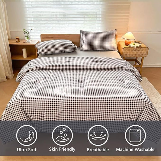 NSNLGSGC Twin Comforter Set, Mocha Gingham Bedding Comforter Sets, Dark Brown Grid Bed Comforter 2 Pieces (1 Comforter, 1 Pillowcase)