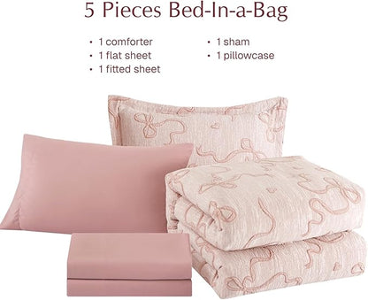 Geniospin Pink Twin Comforter Set for Girls- 5 Pieces Bowknot Jacquard Bed in A Bag Twin Bedding Sets with Sheets, Pillowcases & Shams, All Season Kids Comforter Set