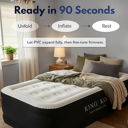 King Koil Plush Pillow Top Luxury Twin Air Mattress with Built-in High-Speed Pump for Camping, Home & Guests - Airbed Inflatable Blow Up Mattress, Waterproof, 1-Year Manufacturer Warranty.