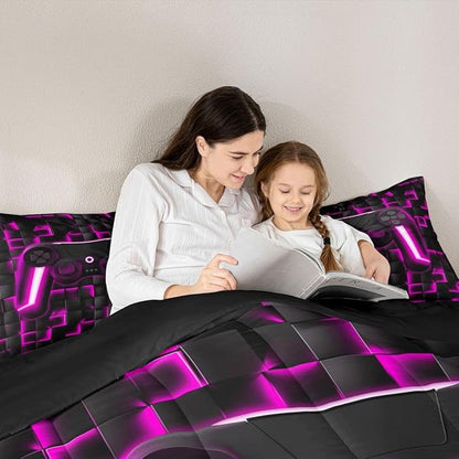 Erosebridal Video Game Comforter Set King Gaming Down Comforter Gaming Bedding Sets for Kids Boys Girls Teen,2 Pcs Black Purple Checkered Gamepad Bed Set Neon Lights Geometric Lightweight Quilt