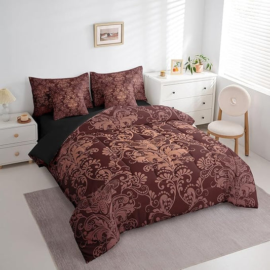 Erosebridal Gothic Damask Bed in a Bag King Size Comforter Set 7 Pieces,Exotic Moth Bedding Sets Brown Victorian Floral Goth Sheet Set with Comforter