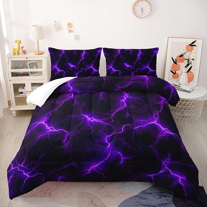 Violet Lightning Comforter Set King Thunder Bedding Sets 3PCS for Kids Teen Adult Violet Room Decor Ultra-Soft Lightweight Microfiber 1 Comforter with 2 Pillowcases