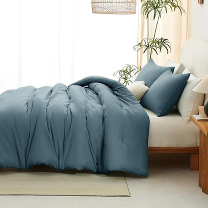 CozyLux Full Size Comforter Set Mineral Blue, 3 Pieces Solid Breathable Quilted Bedding Sets, Luxury Lightweight Soft Bed Set with Down Alternative Comforter and 2 Pillowcases for All Seasons