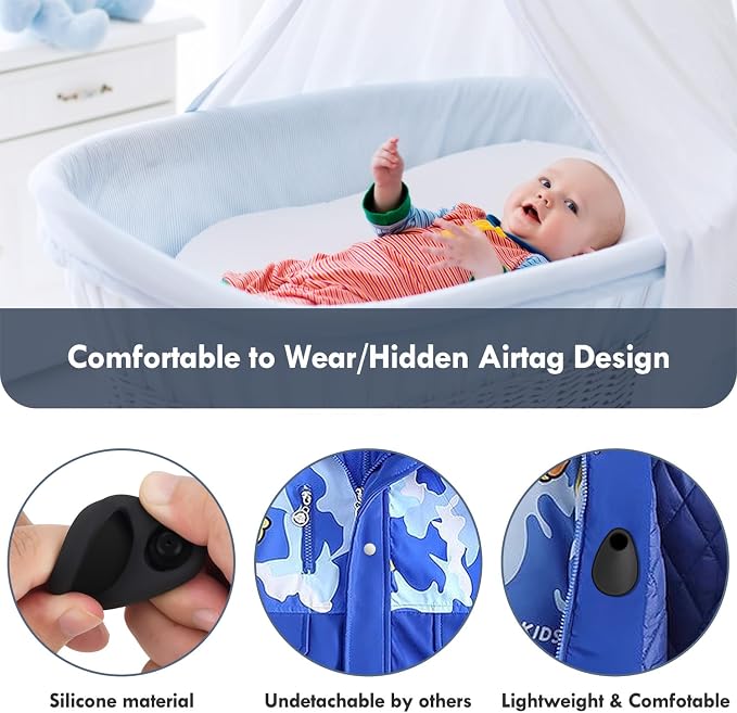 2 Pack Airtag Holder for Kids Hidden,GPS Tracker Case, Anti-Removal Airtag Silicone Case with Pins, Suitable for Children, Elderly, Pets, Backpack, Luggage(Black, Black)
