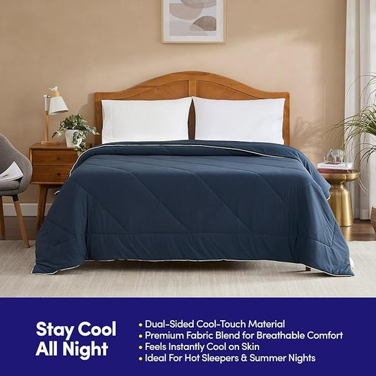 Oversized Cooling Comforter King/California King – Reversible Diamond-Quilted Comforter & Elegant Trim – Lightweight Breathable Blanket for Hot Sleepers, Night Sweats & All-Season Comfort, Navy Blue