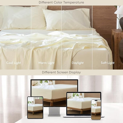 MooMee Fitted Bottom Sheet Only 100% Washed Cotton Linen Like Textured Breathable Durable Soft Comfy Deep Pocket Fits Mattress up to 17" (Cream White, California King)