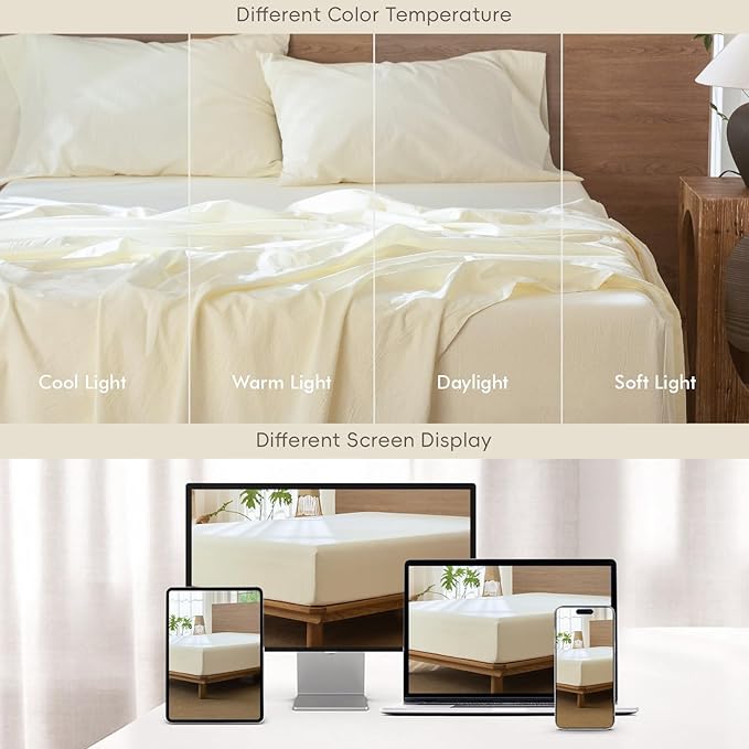 MooMee Fitted Bottom Sheet Only 100% Washed Cotton Linen Like Textured Breathable Durable Soft Comfy Deep Pocket Fits Mattress up to 17" (Cream White, King