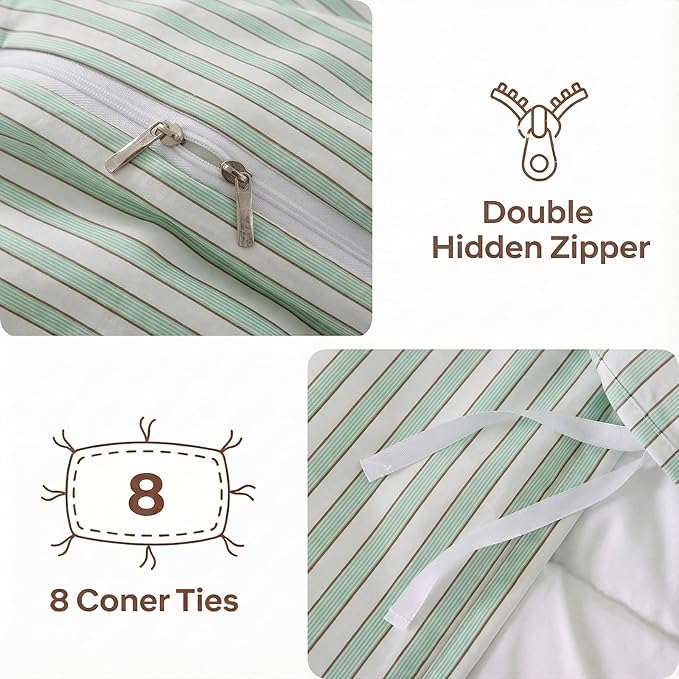 Bedbay Sage Green Striped Duvet Cover Set King Size, 100% Cotton Sateen Bedding Set, Silky Soft Breathable 3 Piece Farmhouse Minimalist Bedding for All Seasons