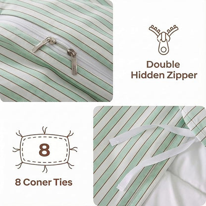 Bedbay Sage Green Striped Duvet Cover Set King Size, 100% Cotton Sateen Bedding Set, Silky Soft Breathable 3 Piece Farmhouse Minimalist Bedding for All Seasons