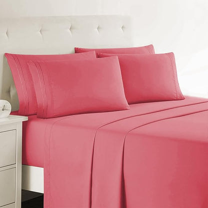Clara Clark Cal King Sheets, 6 Piece Set - Hotel Luxury Sheets for Cal King Size Bed, Super Soft Bedding Set, Cal King Size, Coral Pink