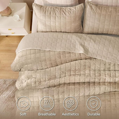 BEDELITE Velvet Quilt Set King Size - Luxury Velvet Comforter Bedding Set 3 Pieces, Lightweight Soft Cozy Taupe Oversized Bedspread Coverlet for All Seasons with 2 Pillow Shams