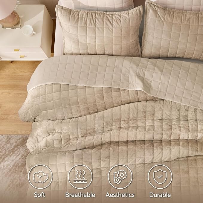 BEDELITE Velvet Quilt Set Queen Size - Luxury Velvet Comforter Bedding Set 3 Pieces, Lightweight Soft Cozy Taupe Oversized Bedspread Coverlet for All Seasons with 2 Pillow Shams