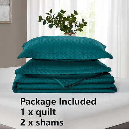 Maple&Stone Quilt Set King Size, Lightweight Teal Bedspread Ultrasonic Chevron Pattern Light Coverlet for All Season Comforter Bedding Decor - 3 Piece King Bed Cover Sets