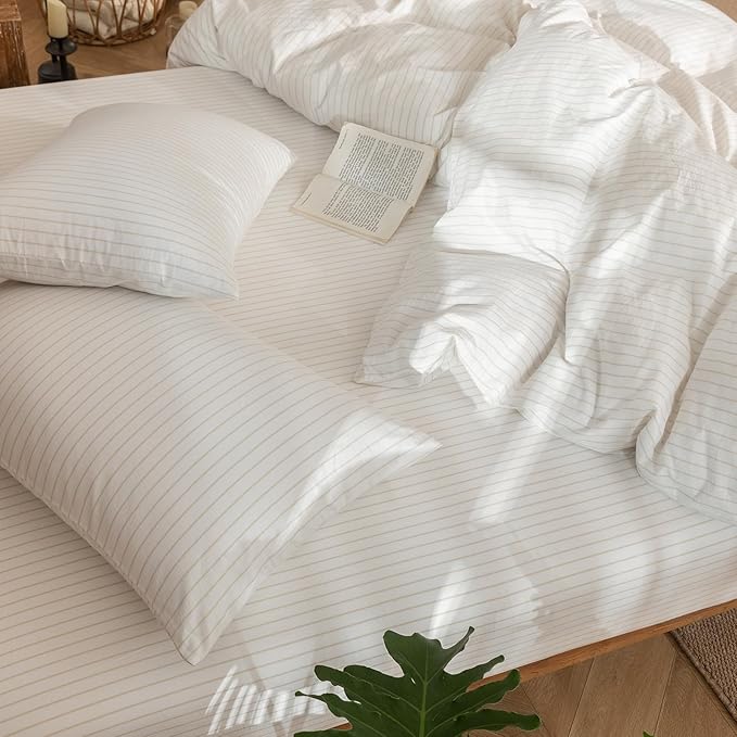 MooMee Striped Duvet Cover Set 100% Washed Cotton Linen Like Textured Breathable Durable Soft Comfy (White Almond Milk Grey Wide Stripes, Full 80"x90")