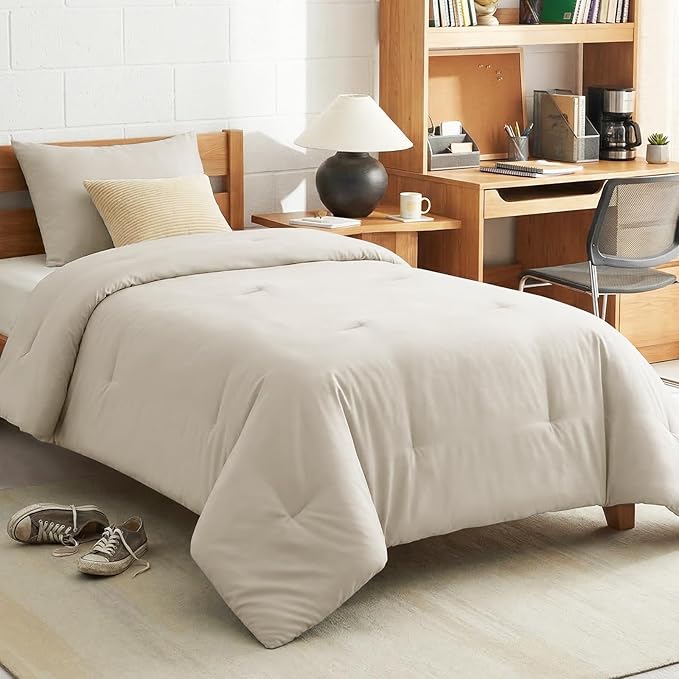 CozyLux Twin/Twin XL Comforter Set Beige, 2 Pieces Twin Extra Long Solid Breathable Bedding Sets for College Dorm, Luxury Soft Bed Set with Down Alternative Comforter and 1 Pillowcase All Seasons