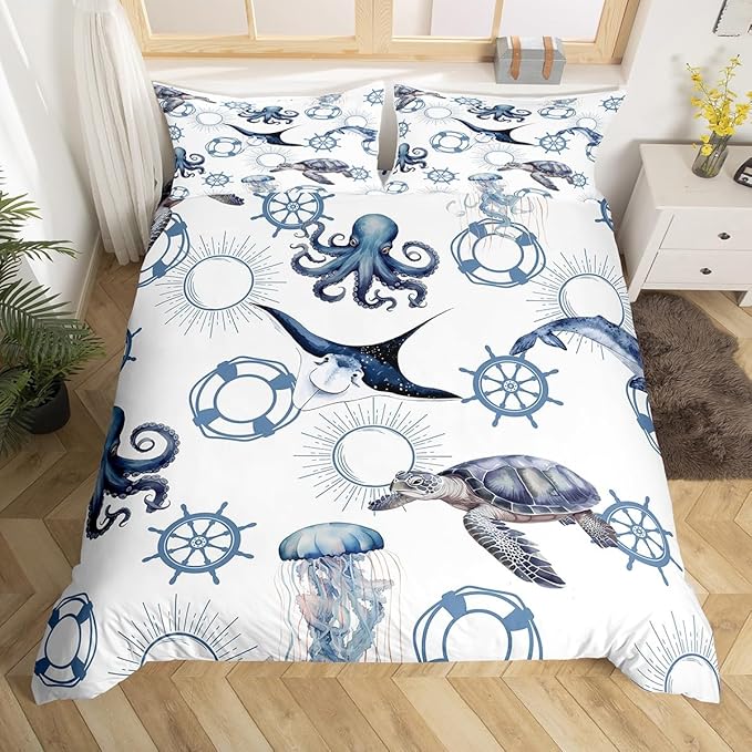 Sea Turtle Bedding Set for Kids,Octopus Jellyfish Ocean Life Comforter Cover with Zipper Closure,Nautical Style Sea Animals Bedding Set Twin Size,Boys Girls Ultra Soft Quilt Cover,No Comforter
