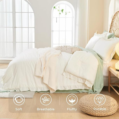Litanika King Comforter Set Ivory, 3 Pieces Ruffle Farmhouse Aesthetic Bedding Comforter Set, Lightweight Fluffy Microfiber Bed Set (104x90In Comforter, 2 Pillowcases)