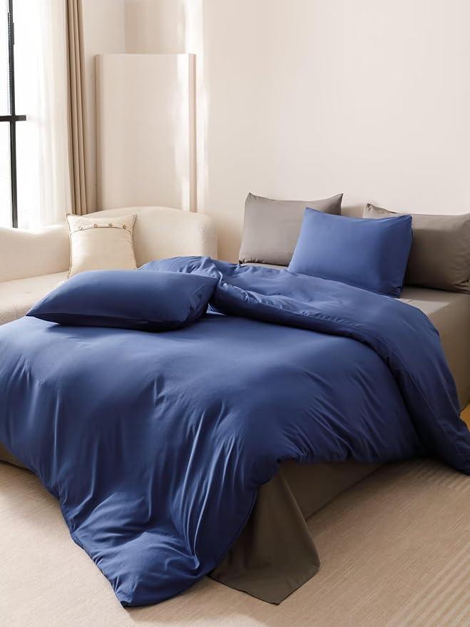 Houseri Royal Blue Comforter Set King Neutral Navy Bedding Men Women Japanese Style Solid Blue Vintage Farmhouse Bed Sets King Size