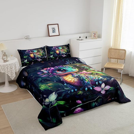 Feelyou Dragon Comforter Set Full Size Dragon Stuff Comforter for Boys Girls Teens Wild Life Bedding Set Flower and Grass Duvet Set Room Decor Balck Green Quilt Set